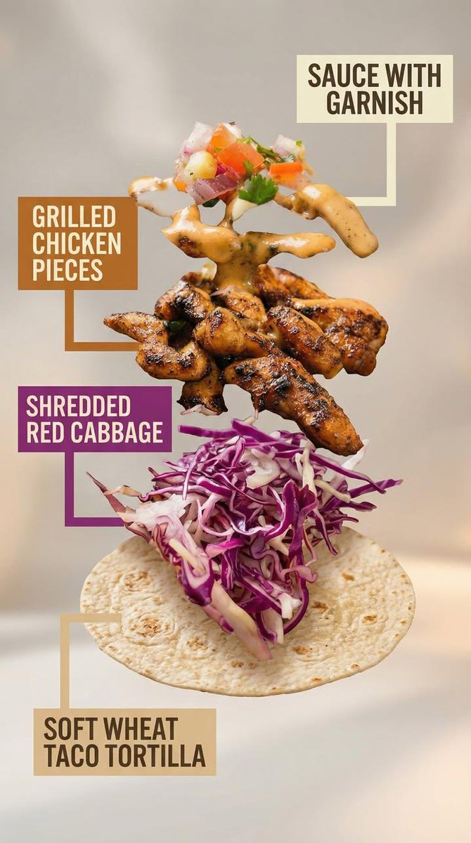 A high end commercial food photograph of the same two tacos f...