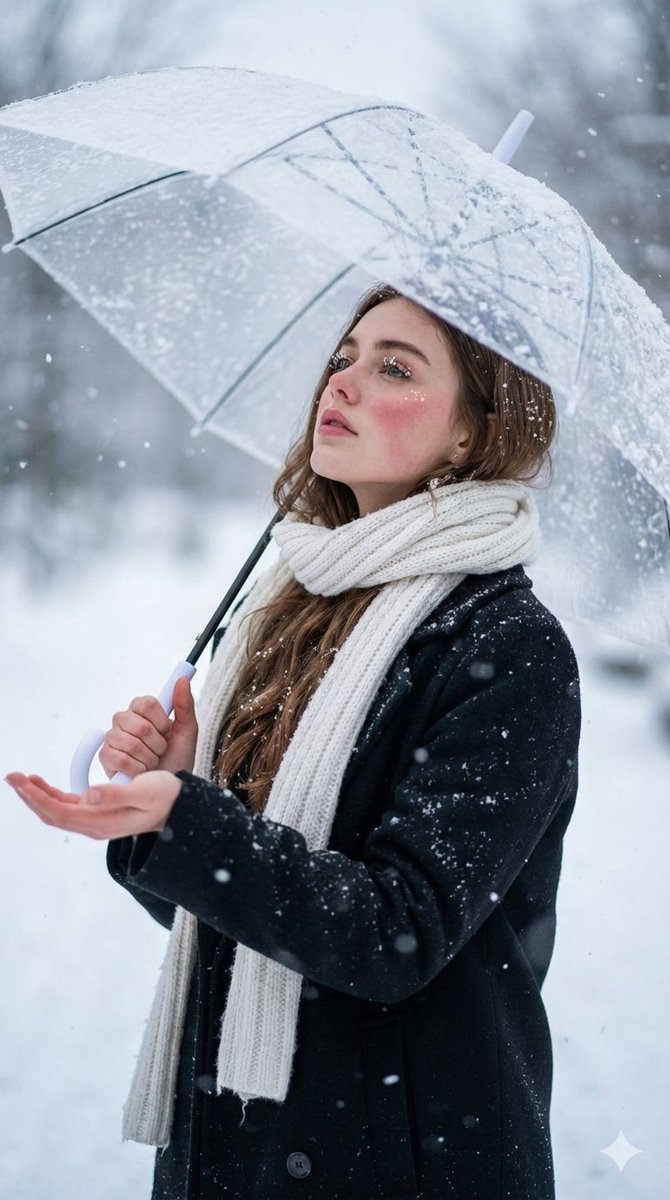 雪中仰头接花的透明伞少女