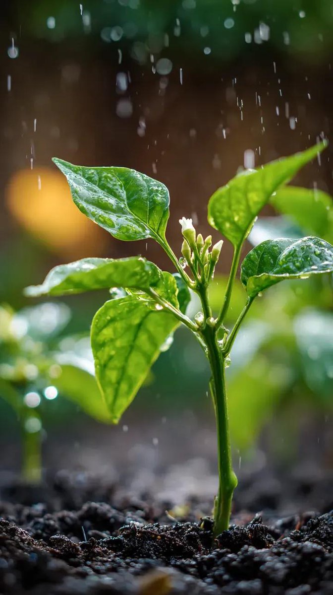 细雨中冒出的辣椒嫩苗