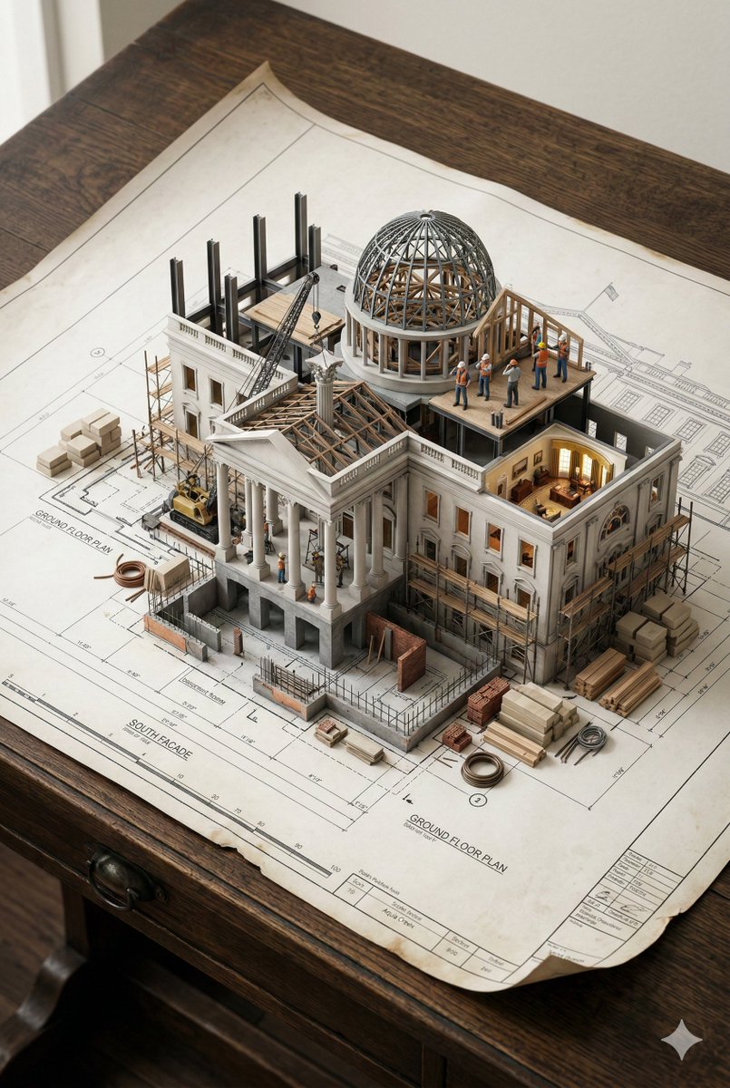 An architectural blueprint of [BUILDING NAME] placed on a {SU...