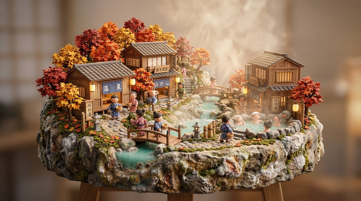 3D 微缩日本温泉乡，黏土风格立体模型