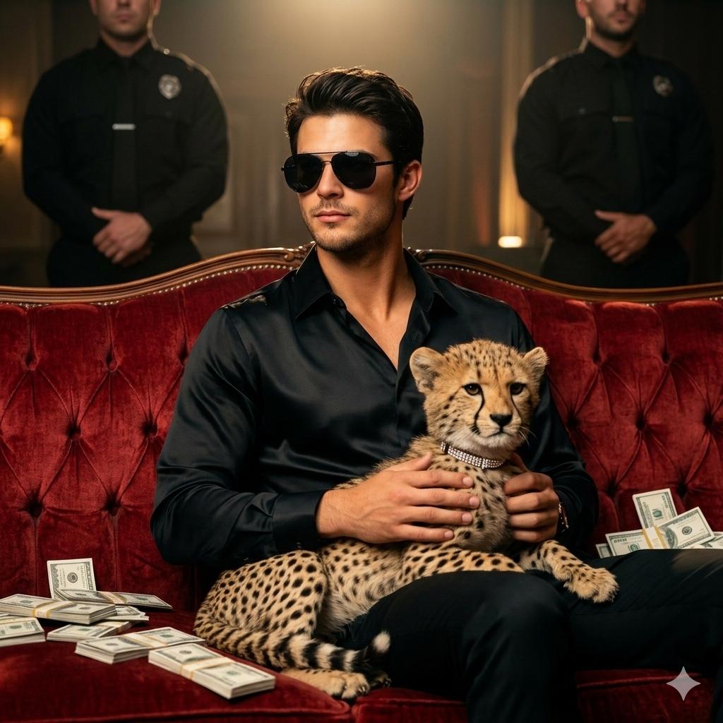Using the reference picture, create A stylish man sitting on...