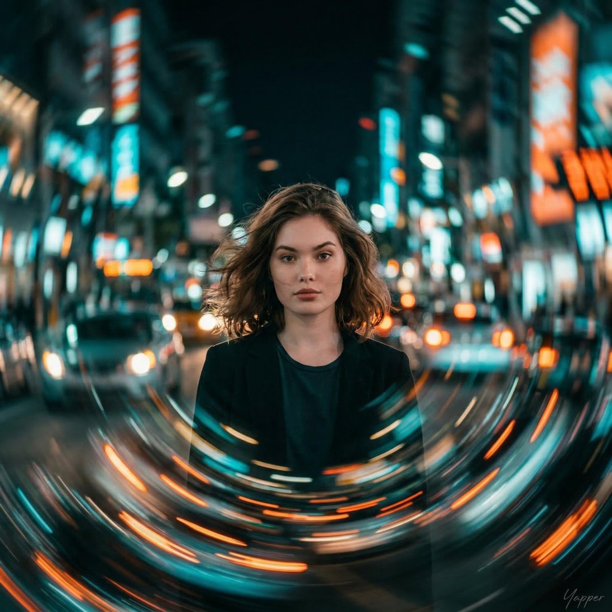 城市旋转光带中的静立少女