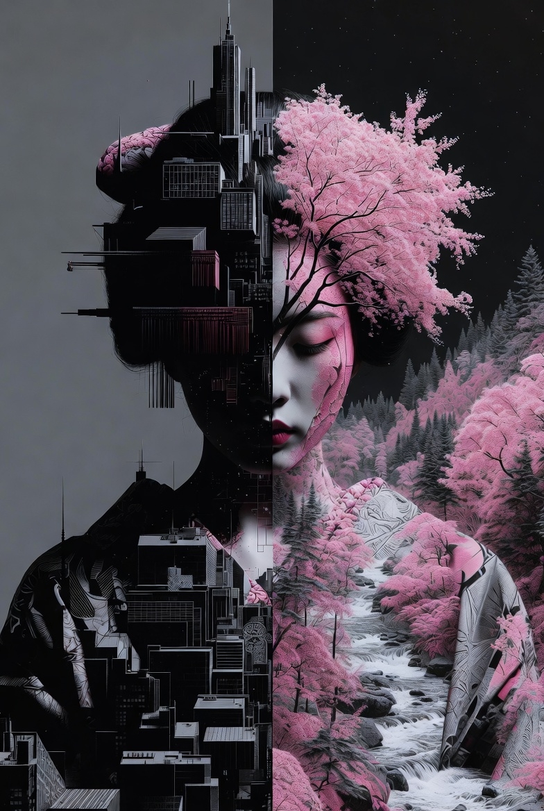 双重曝光艺术：现代人与自然的对比之美