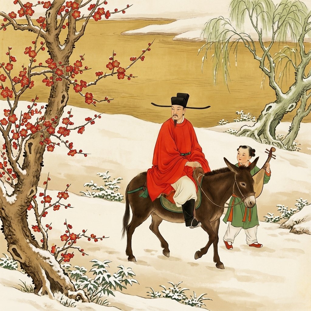 没骨画风格的踏雪寻梅