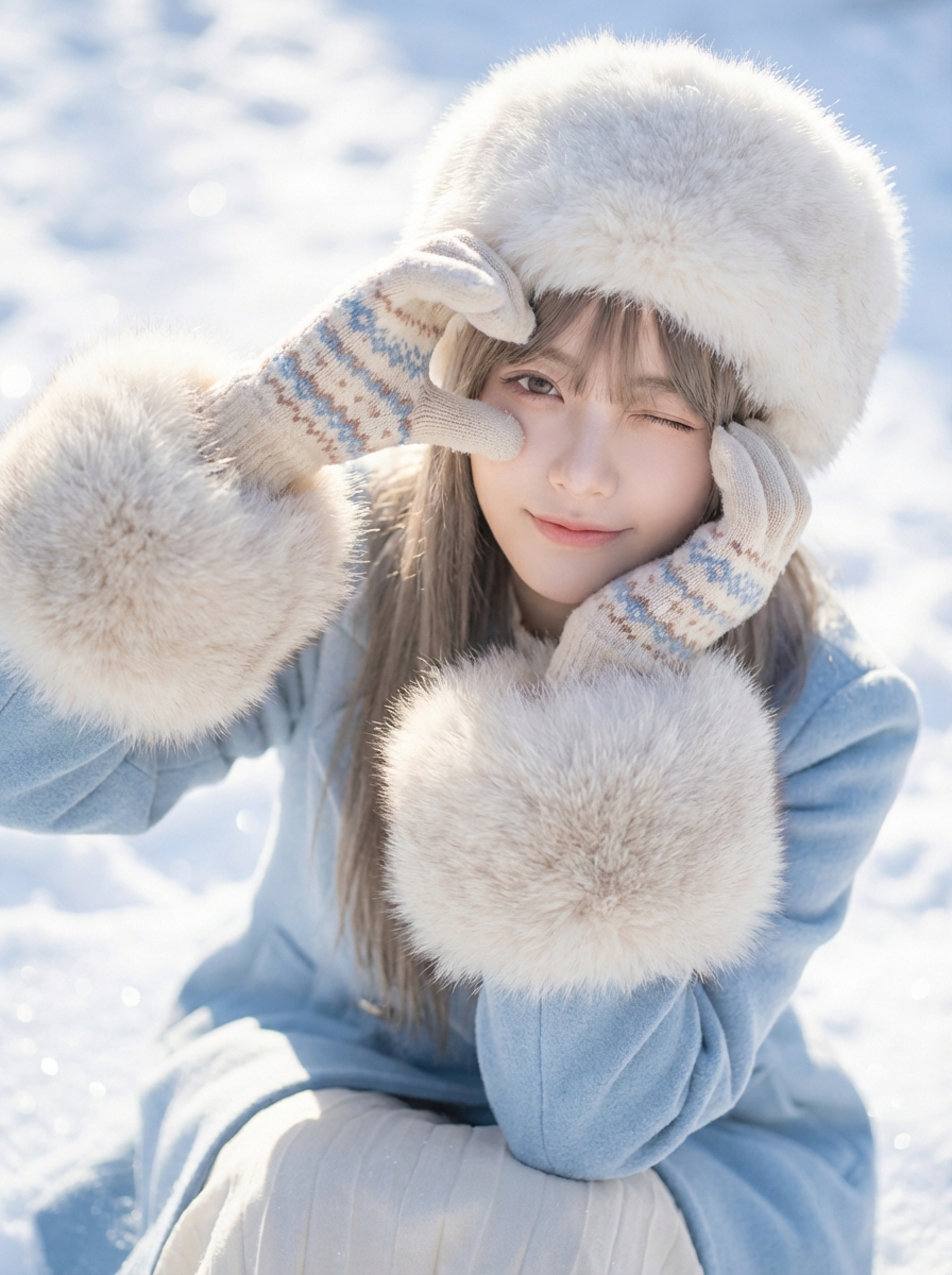 在雪地调整提示词偶然捕捉的雪中眨眼甜美瞬间