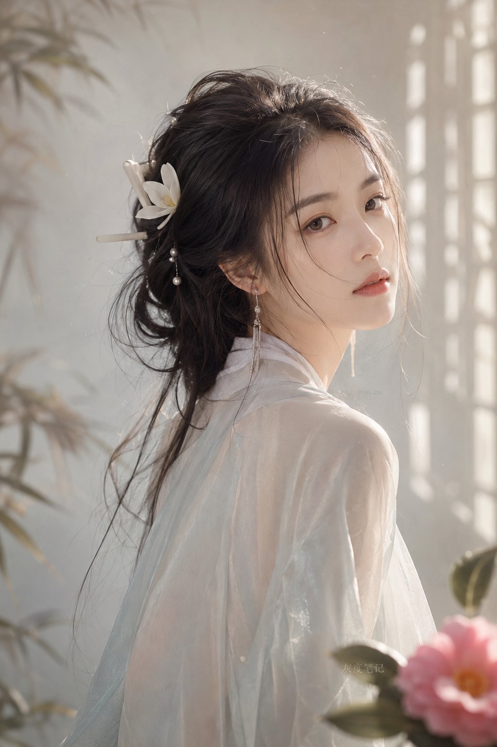 接上一期，分享绝美AI古风女生侧颜提示词
提示词prompt：中国古典美学，宋韵美学，工笔写实风格，超写实摄影，东方古风成年女子，气质清雅，五官精致，肤色细腻自然，杏眼含光，自然淡妆，浅粉唇色，神情温柔宁静，身体微微背向镜头，右肩朝向镜头，头部自然向右缓缓转动约35°，轻轻回眸凝视镜头，三分之二侧颜，Rear Three-quarter Portrait，近景半身肖像，人物占画面约75%，肩颈舒
