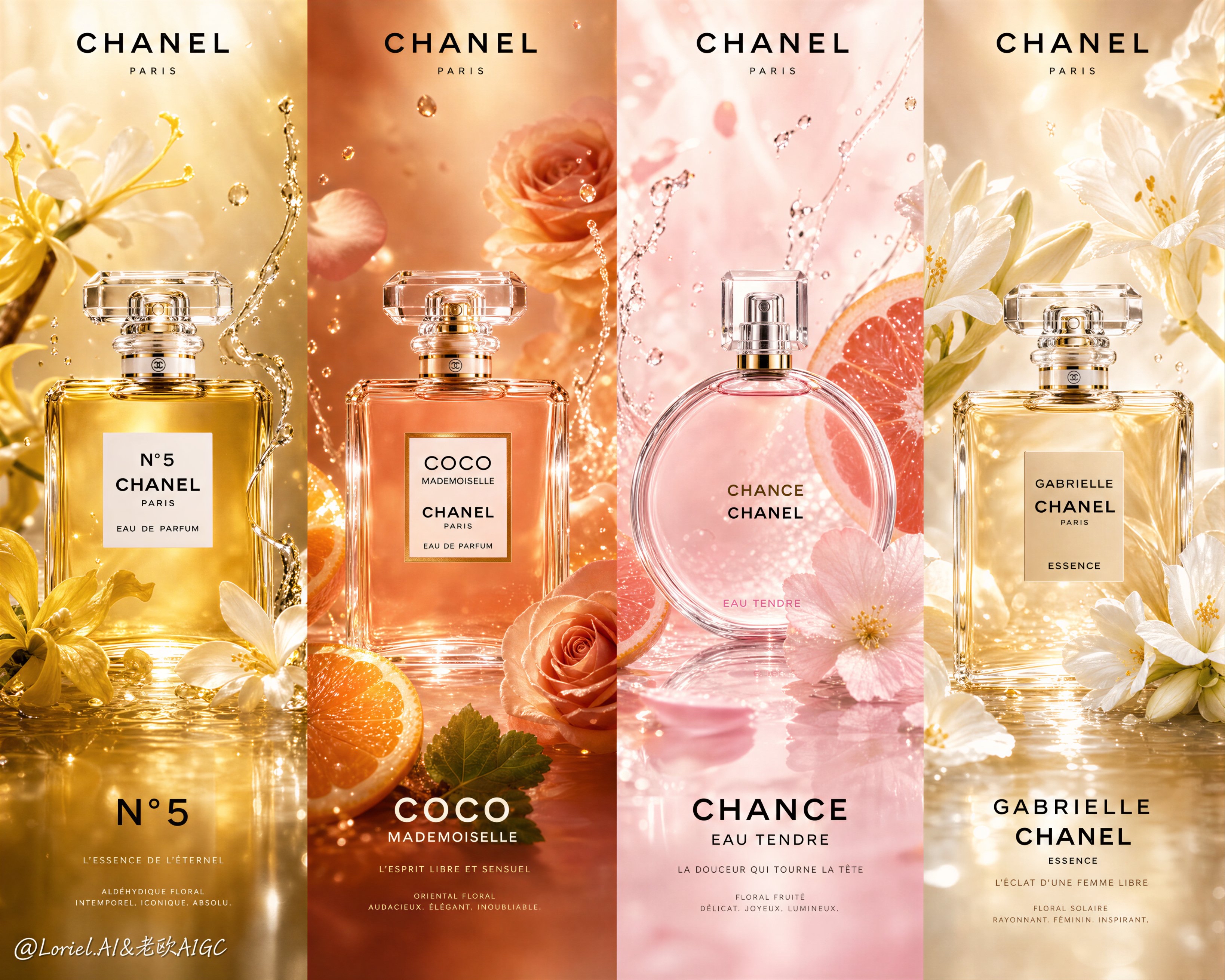 Chanel 四款香水四格海报，每支香水一间气味空间