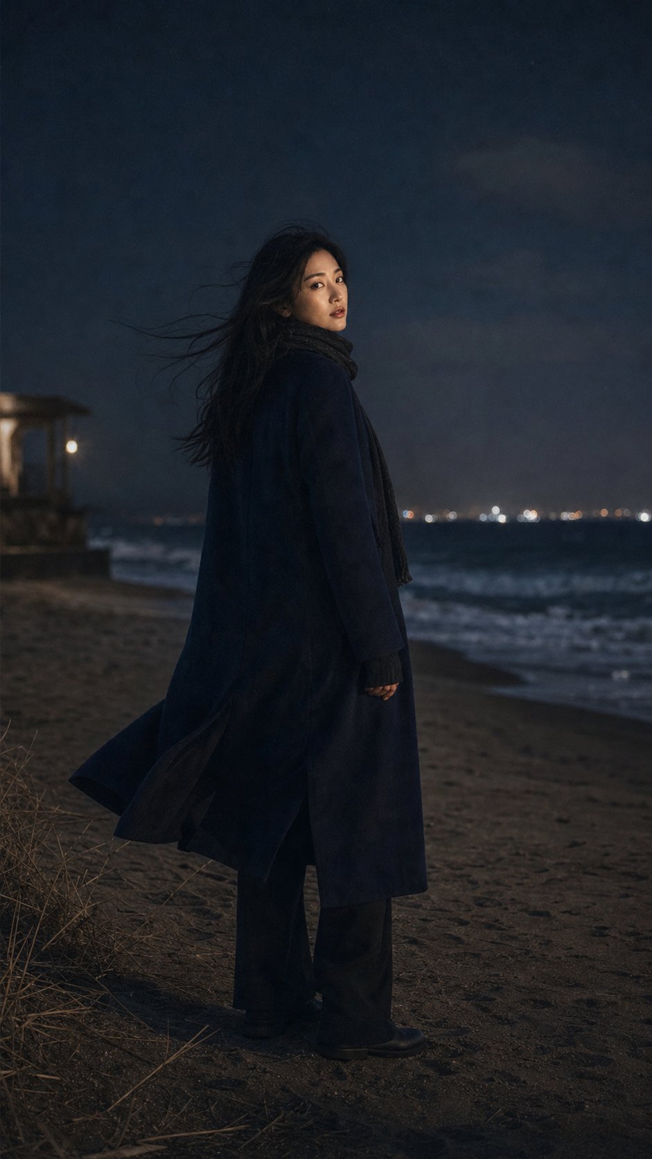 海边冬夜回头电影感人像
