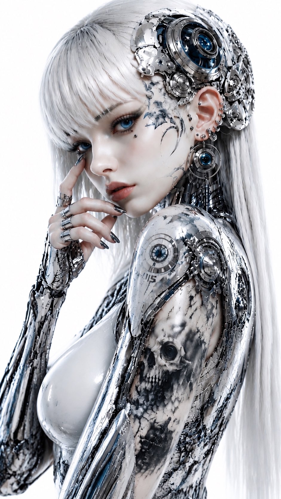 赛博朋克生物机械：银发冰蓝瞳女性