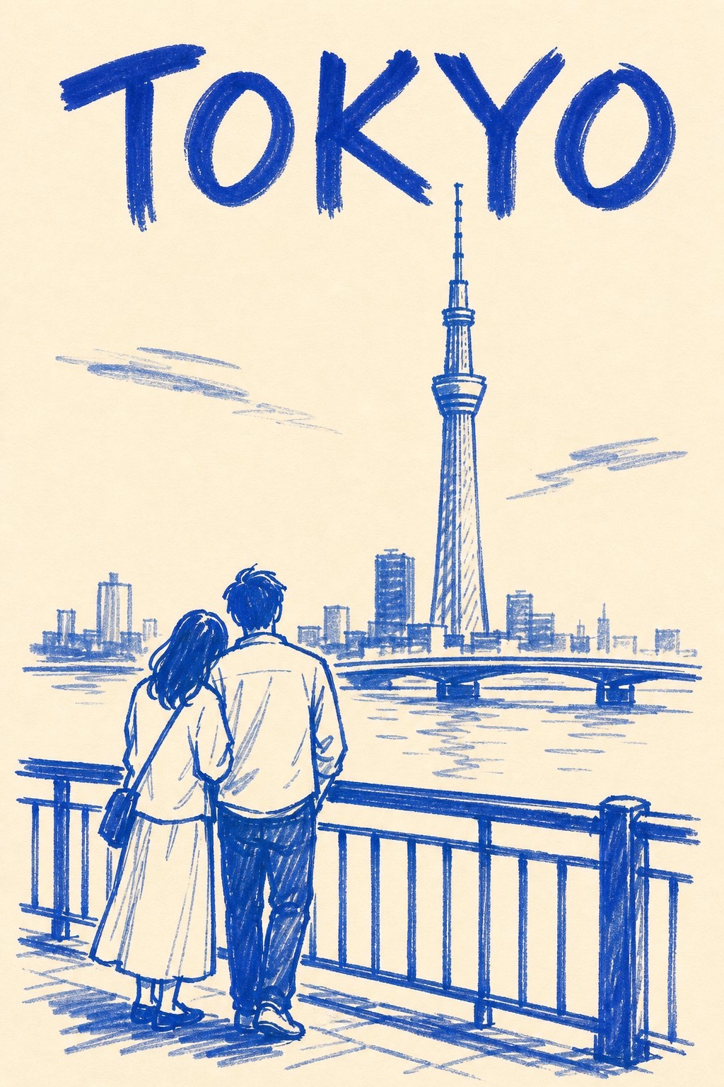 东京极简旅行海报：马克笔手绘风