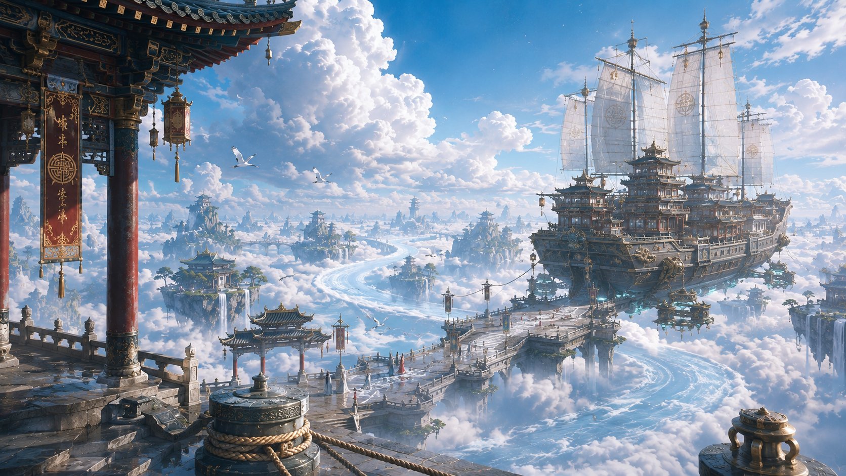 玉石天阶穿云海：五人背影登天门 - 图 3