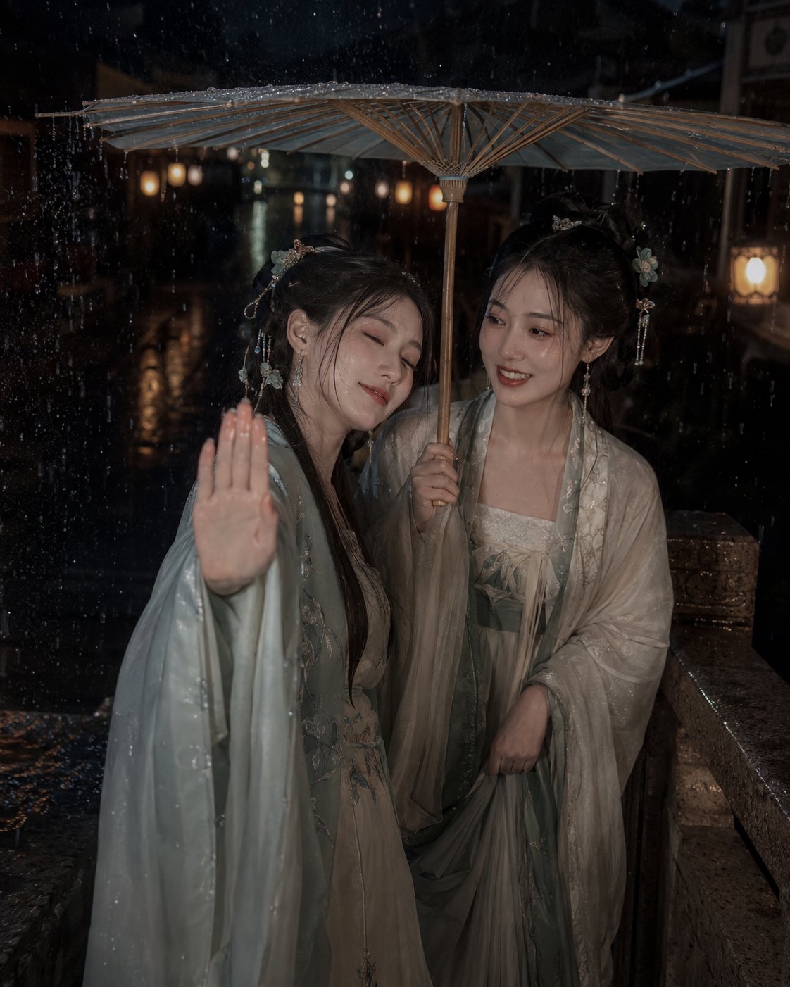 雨夜石桥：油纸伞下古风双人的偶遇抓拍