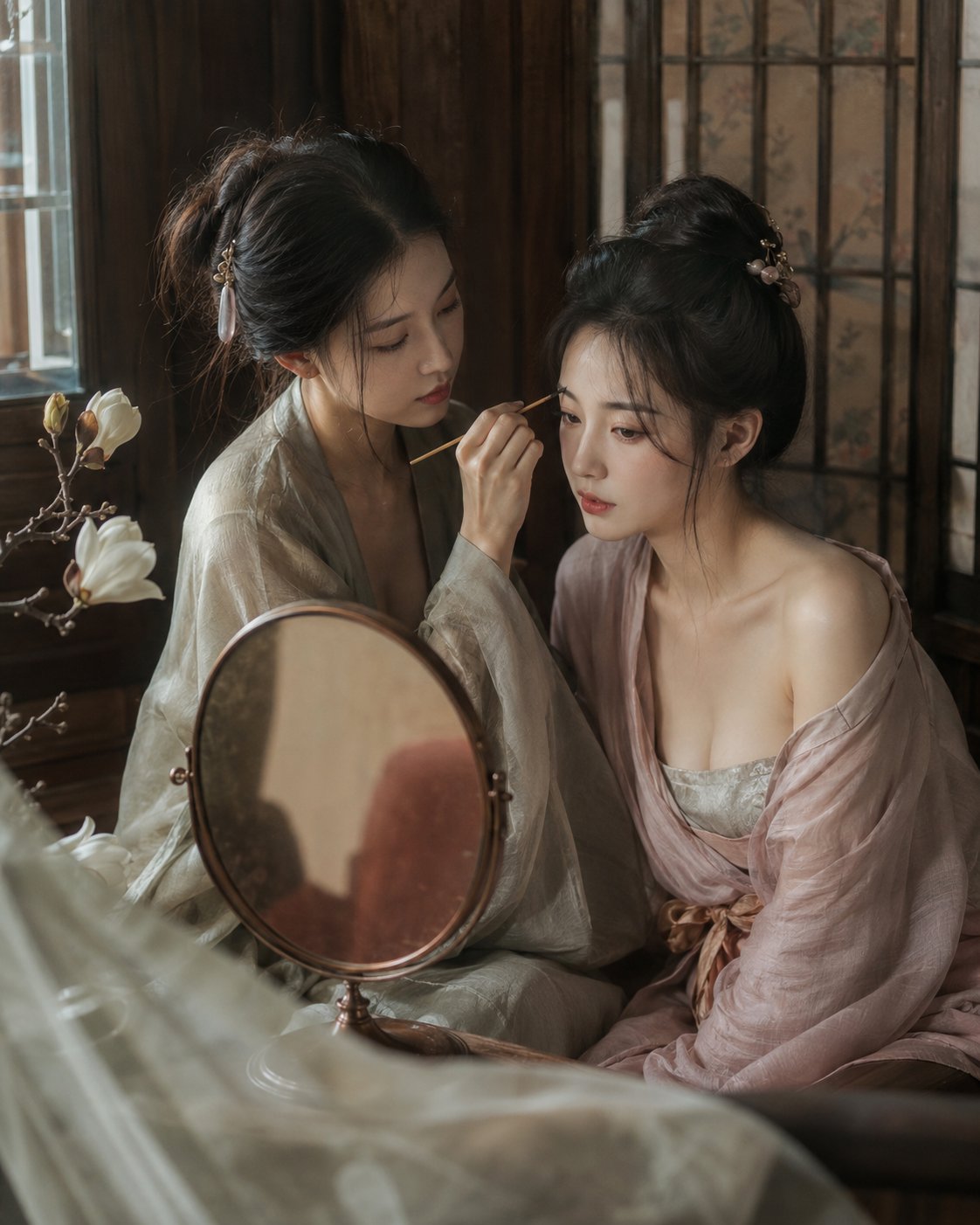 闺阁窗光：描眉递簪的古风双人私密瞬间 - 图 3