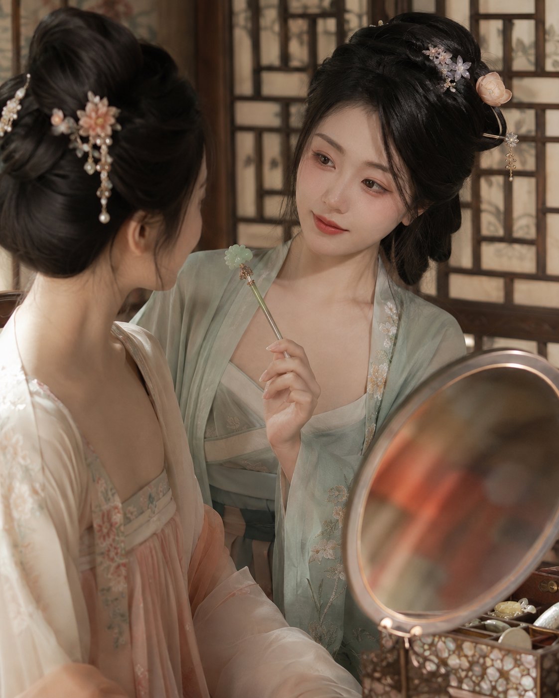 闺阁窗光：描眉递簪的古风双人私密瞬间