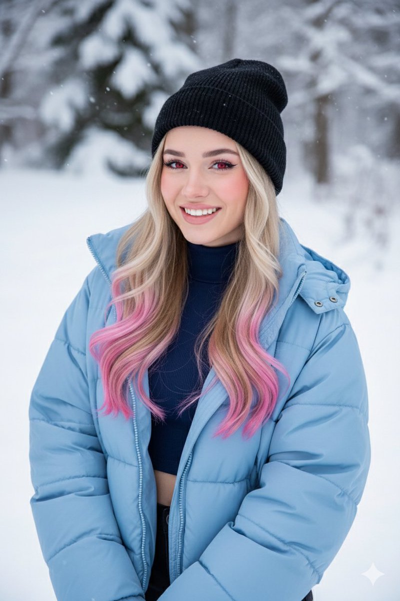 A blonde girl with pink tipped hair and vibrant red eyes, wea...