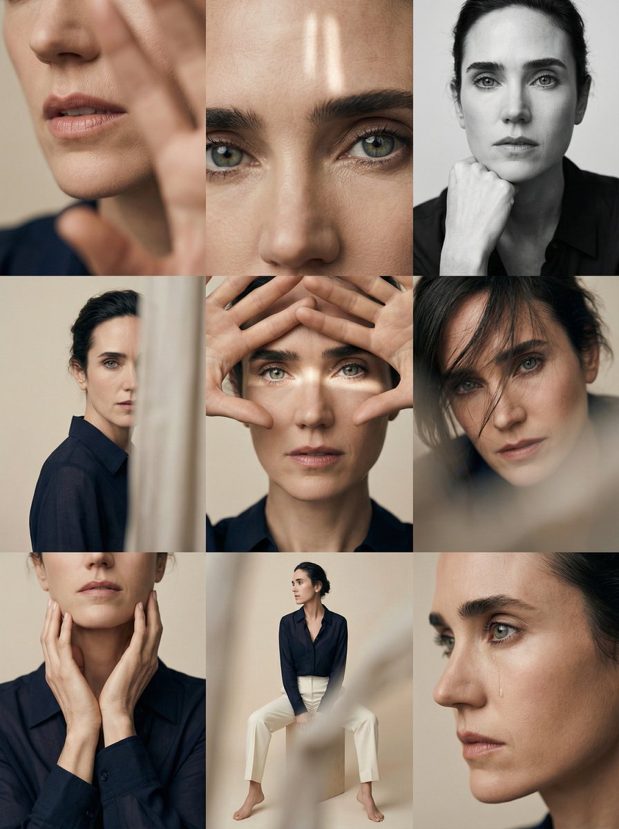 Editorial 3x3 photo grid in a clean soft beige studio. Charac...