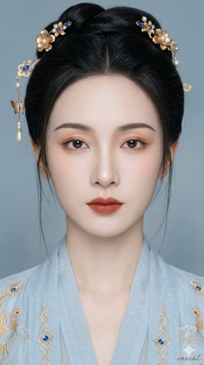 东方古风清雅女性正面肖像,超近景贴脸特写,人物正面面对镜头,头部端正,视线直视镜头,脸部几乎充满画面,构图集中,双眼位于视...