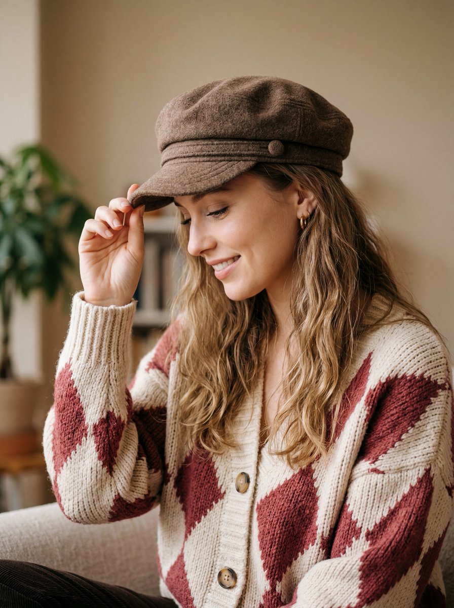 A warm, cozy, and high quality portrait of a young woman with...