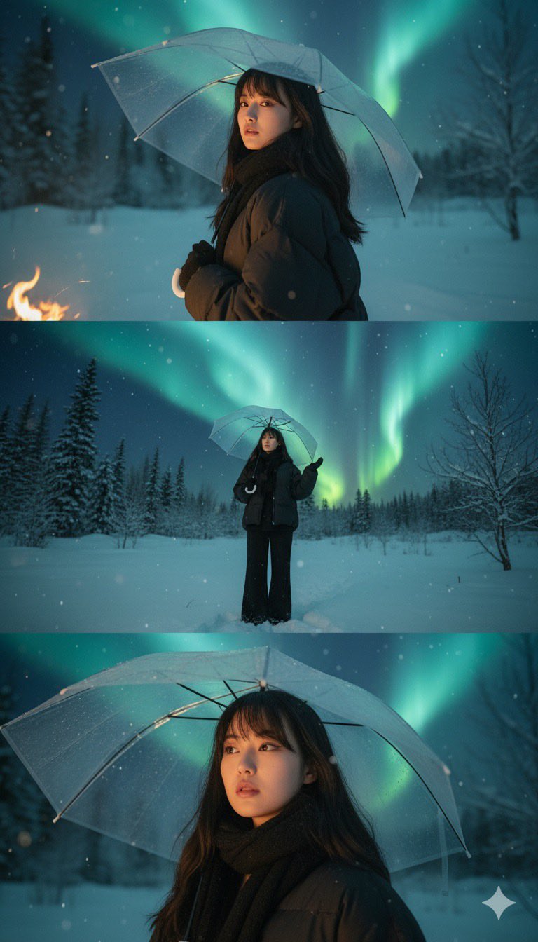 极光雪景下的忧郁少女三联画:超写实数字艺术呈现