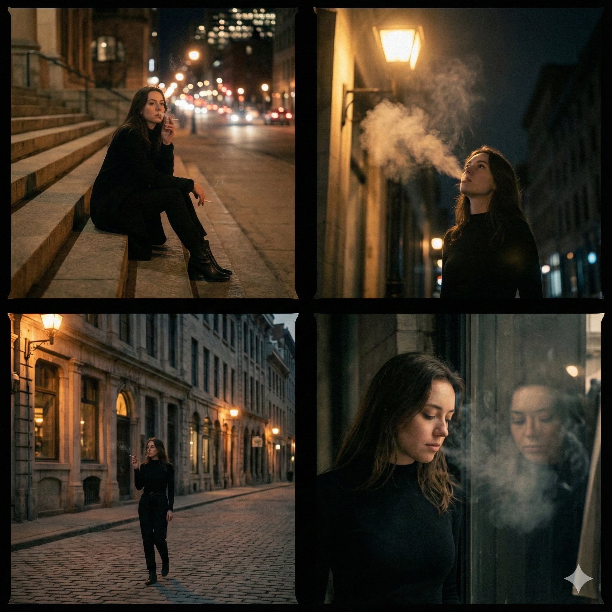 A cinematic 4 panel photo collage showing a quiet, introspect...