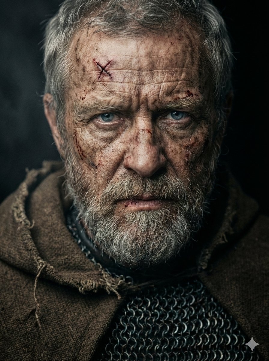 A hyper realistic, cinematic close up portrait of a battle ha...