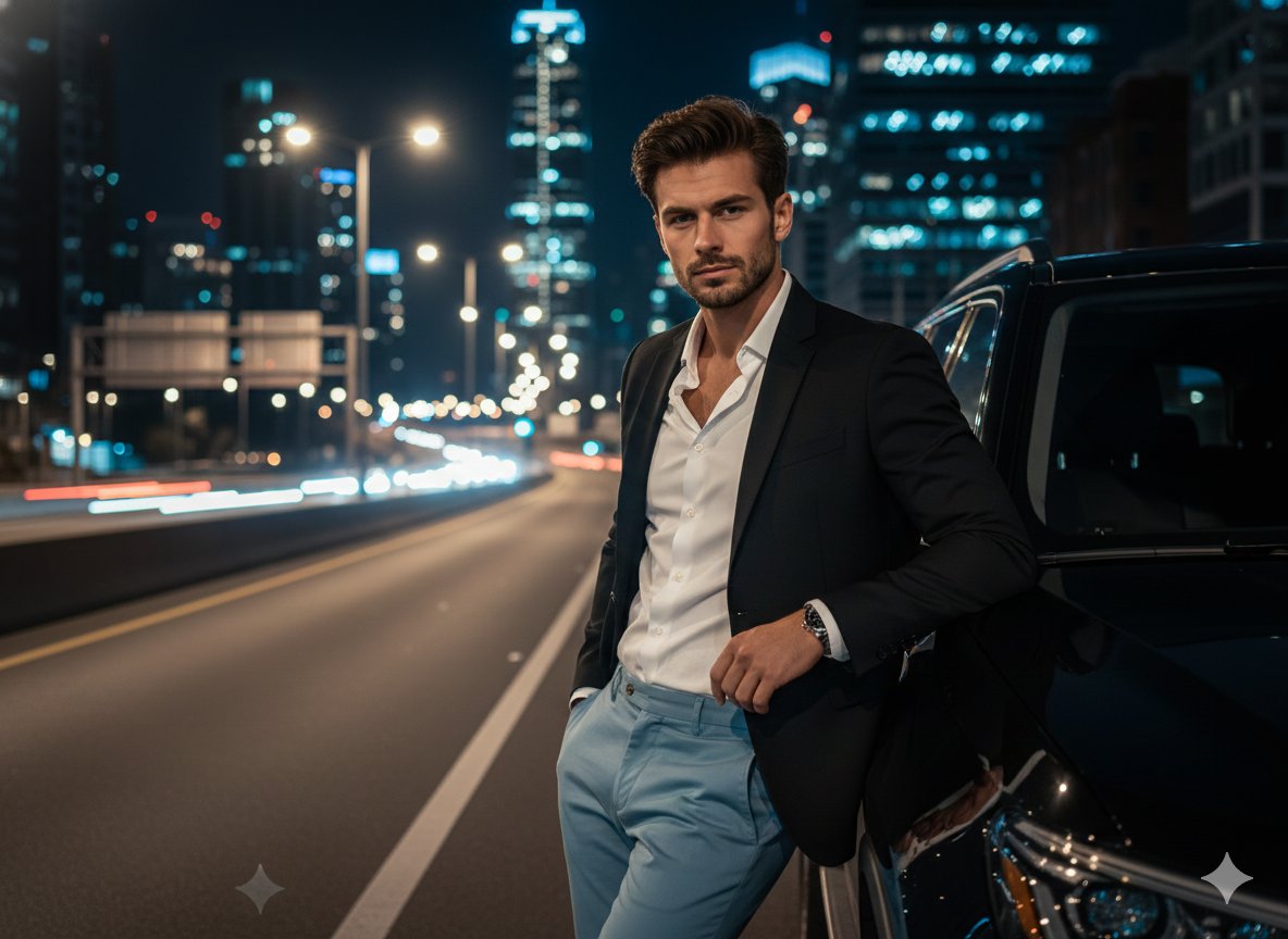 A cinematic night time urban portrait of a confident, handsom...