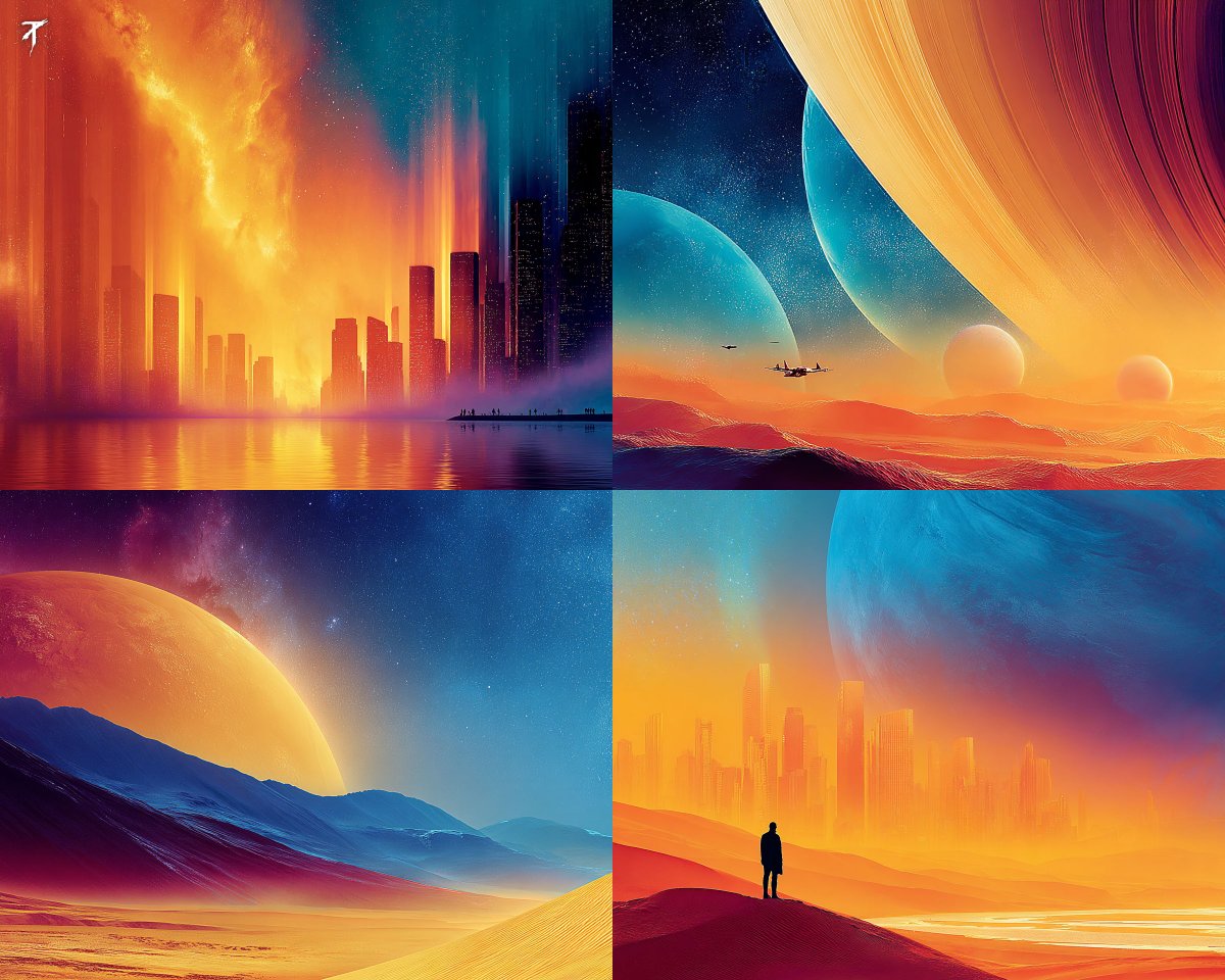 This SREF delivers bold sci fi vistas with glowing cities, va...