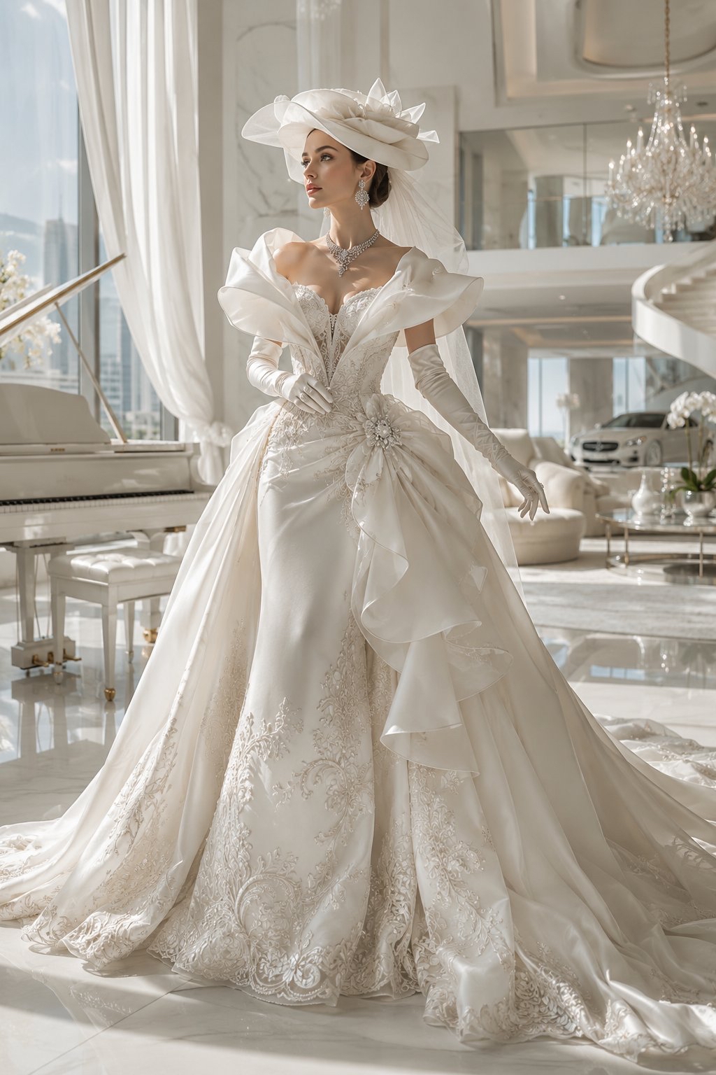 Create an ultra-realistic luxury fashion portrait inspired b