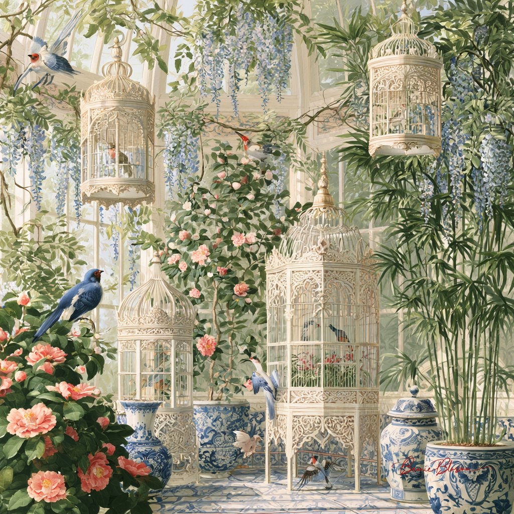 中国风温室:青花瓷鸟笼花鸟构图