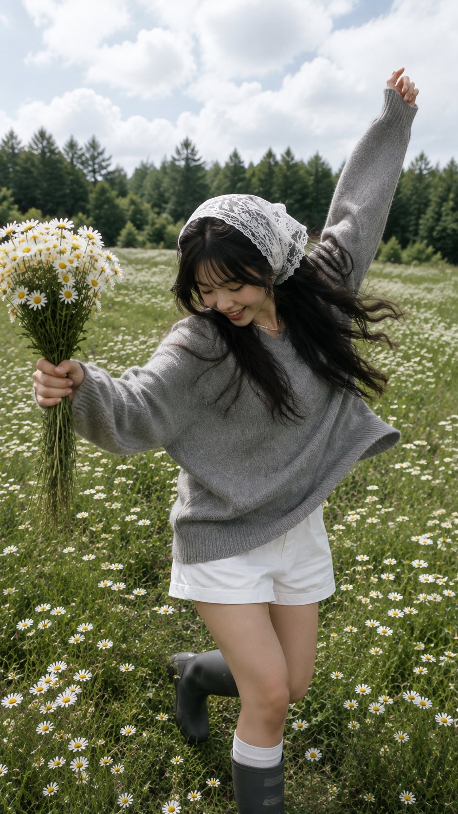 雏菊田间的蕾丝头巾少女