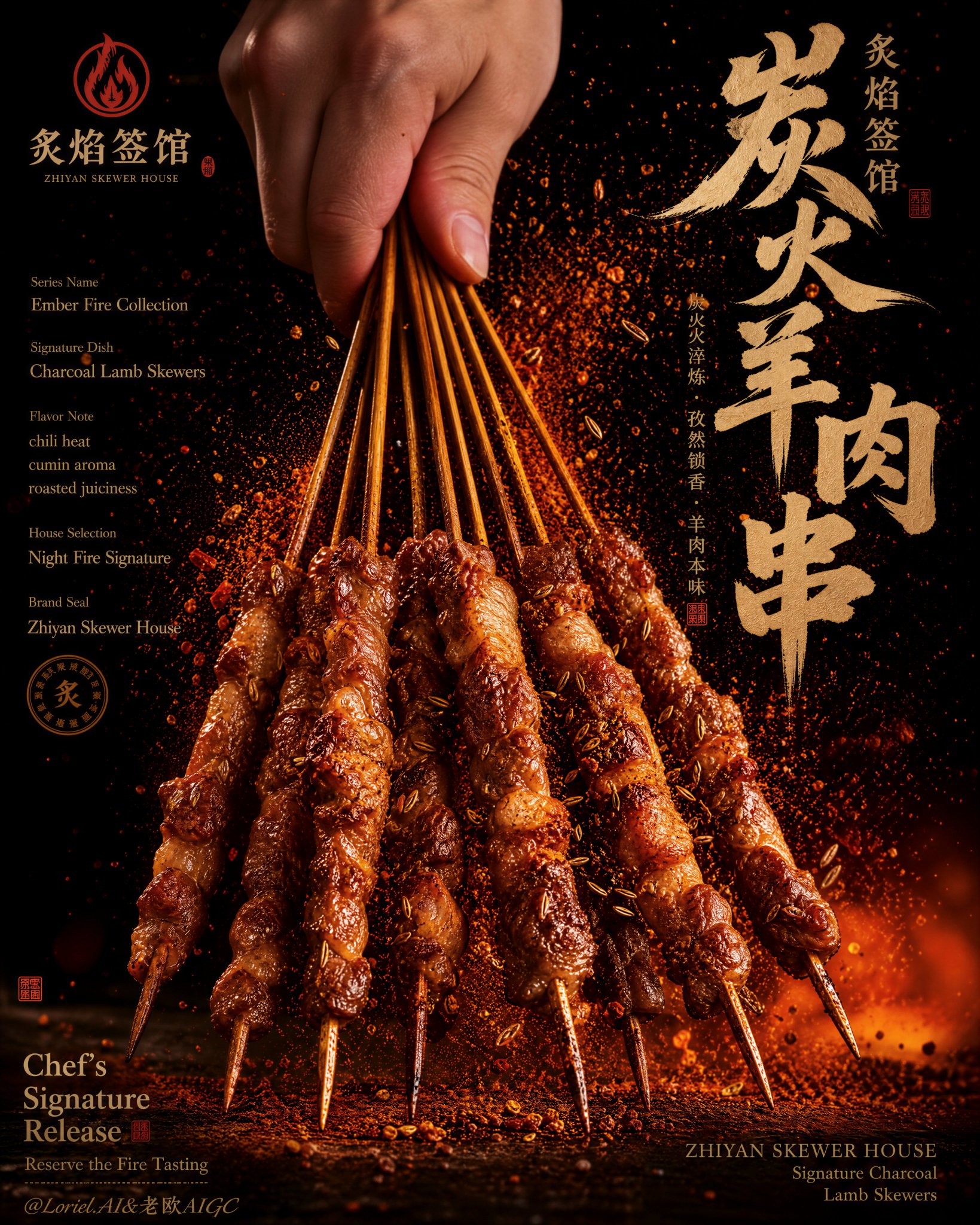 烤串美食海报:炭火烧烤品牌视觉