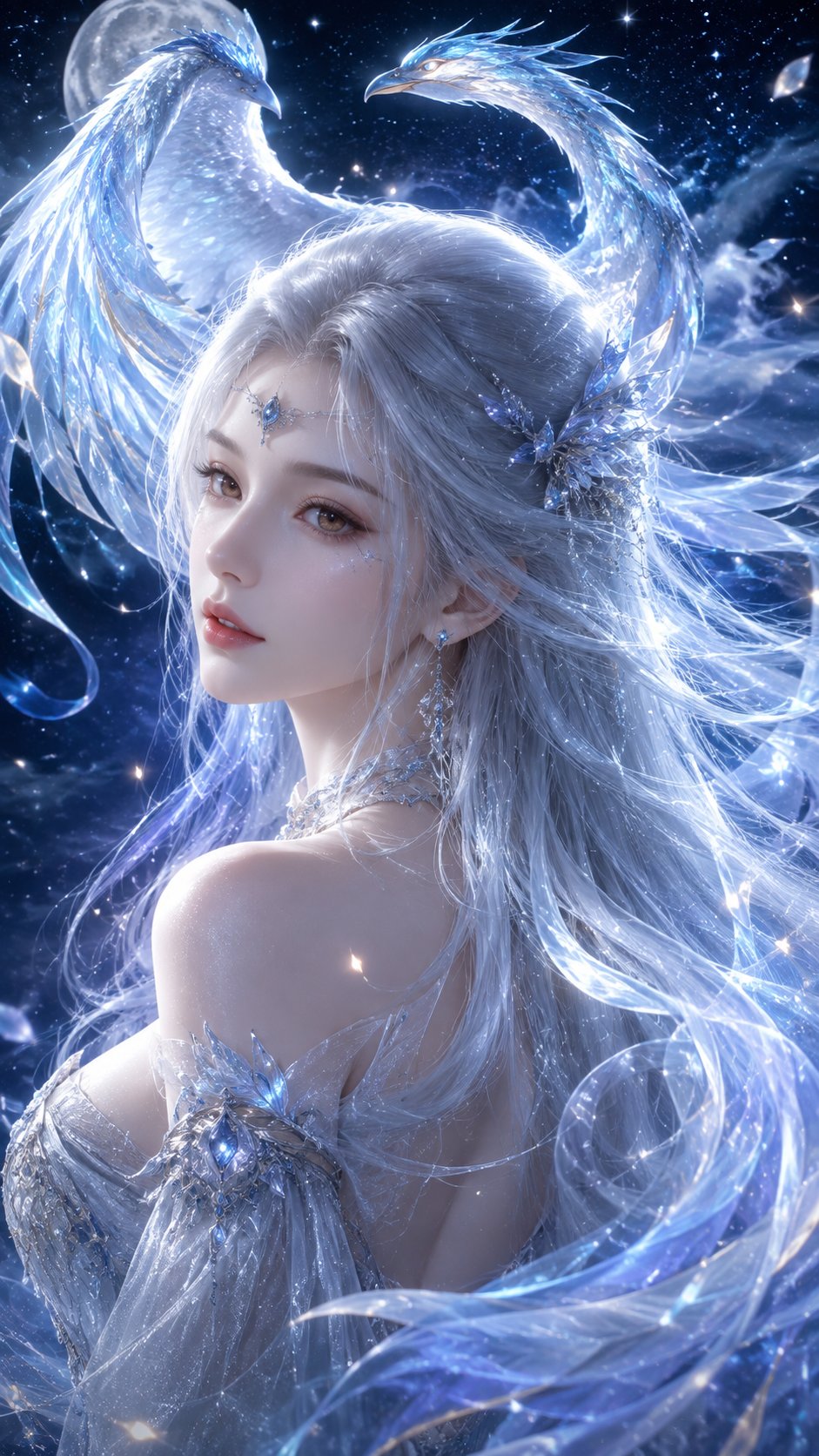 银发幻想少女与冰蓝神鸟:3D CG梦幻插画