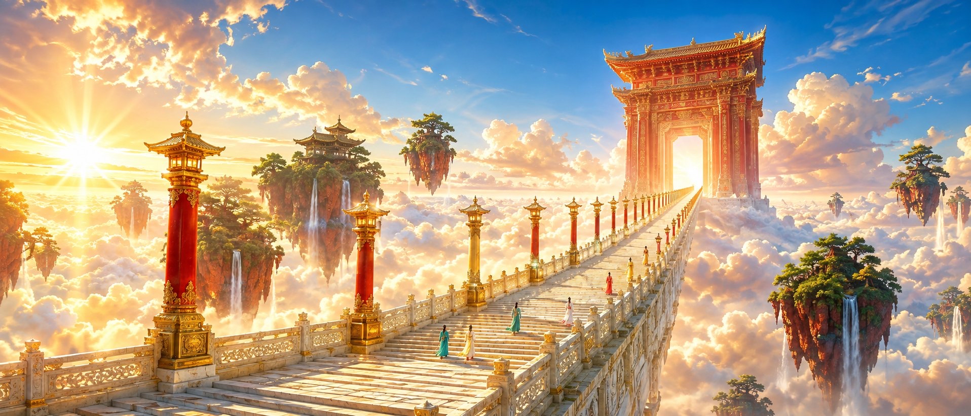 云海仙宫白玉天阶,五人远眺东方仙侠