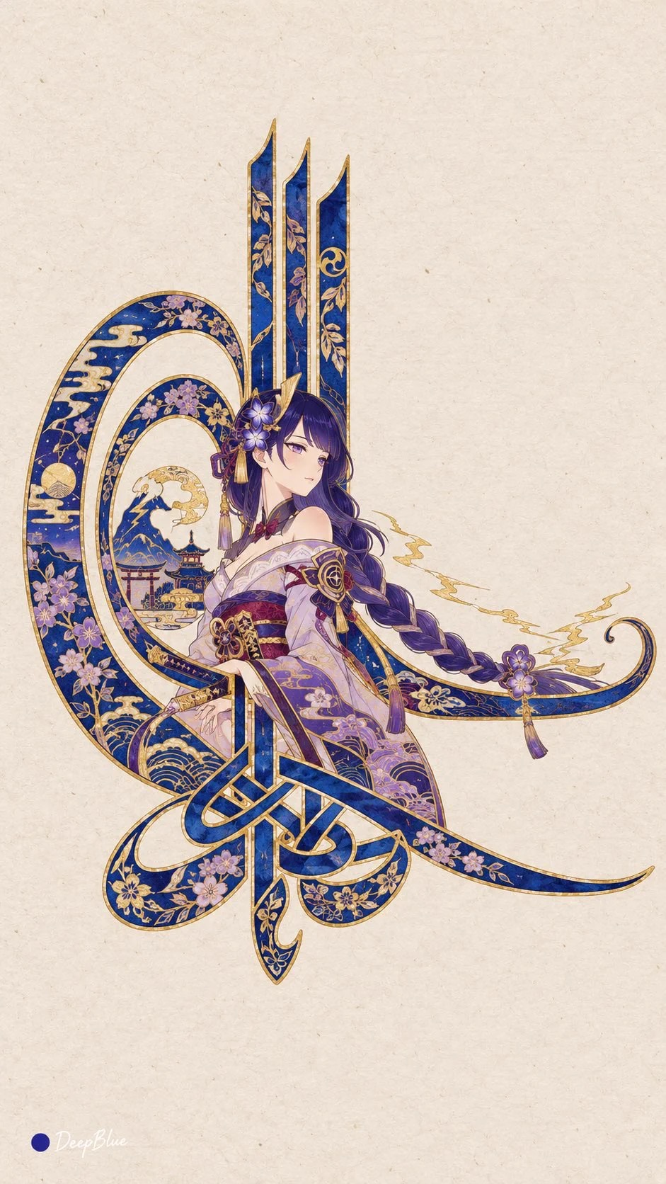 钴蓝金线交织的奥斯曼花押动漫少女