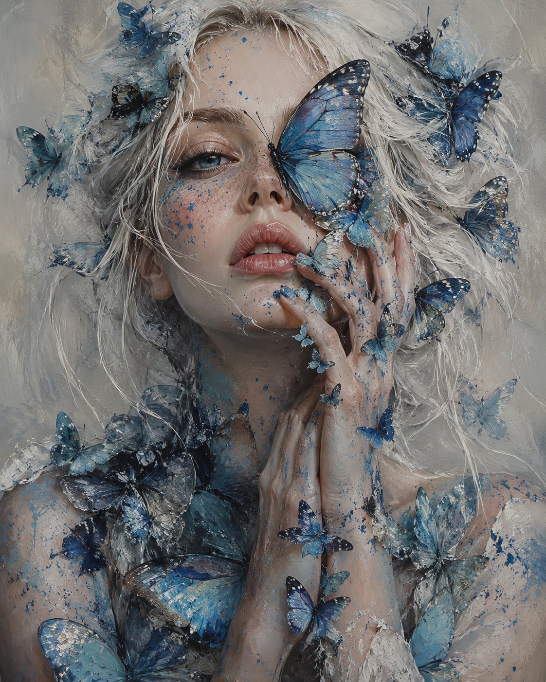 Ethereal Woman with Blue Butterflies