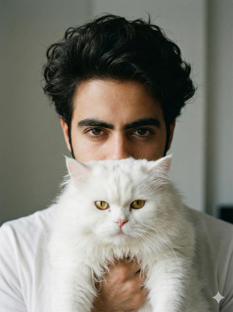 Close up portrait of a young man Noor with long messy, volumi...