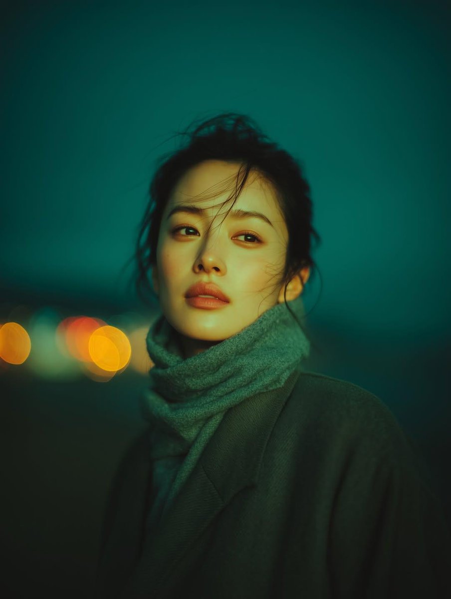 A cinematic night time portrait of a young woman standing out...
