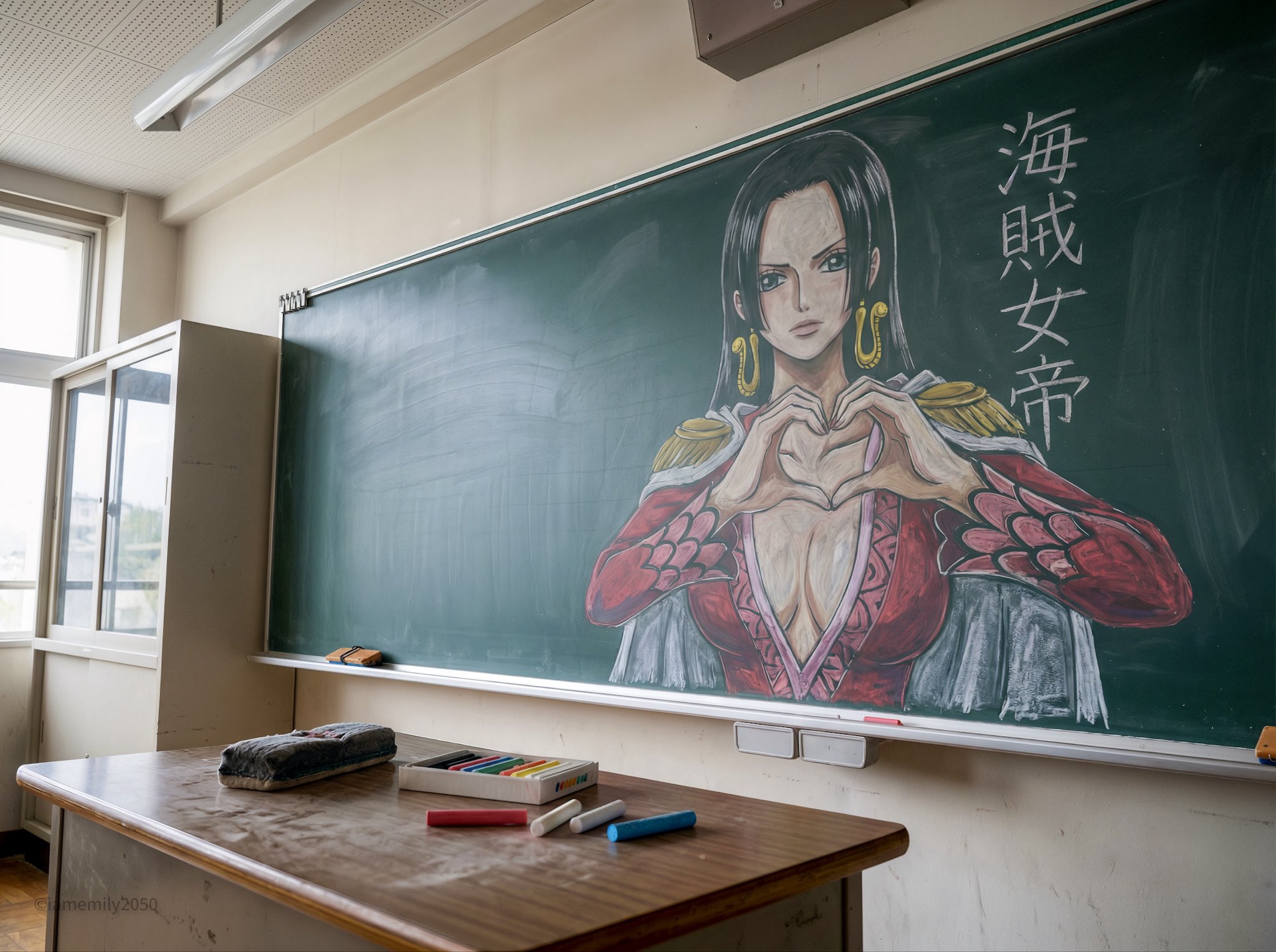 黑板粉笔画艺术:展现《海贼王》波雅·汉库克的细腻再现