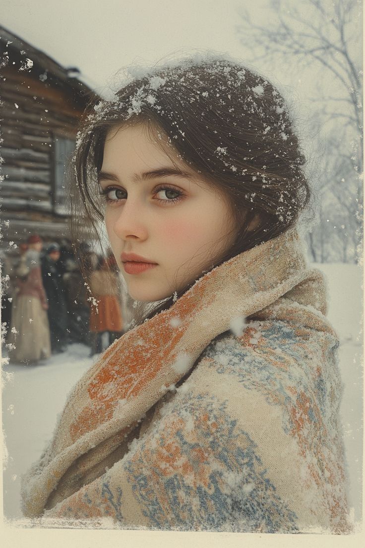冬日乡村肖像:披肩雪花少女的凝视与温柔静默光影
