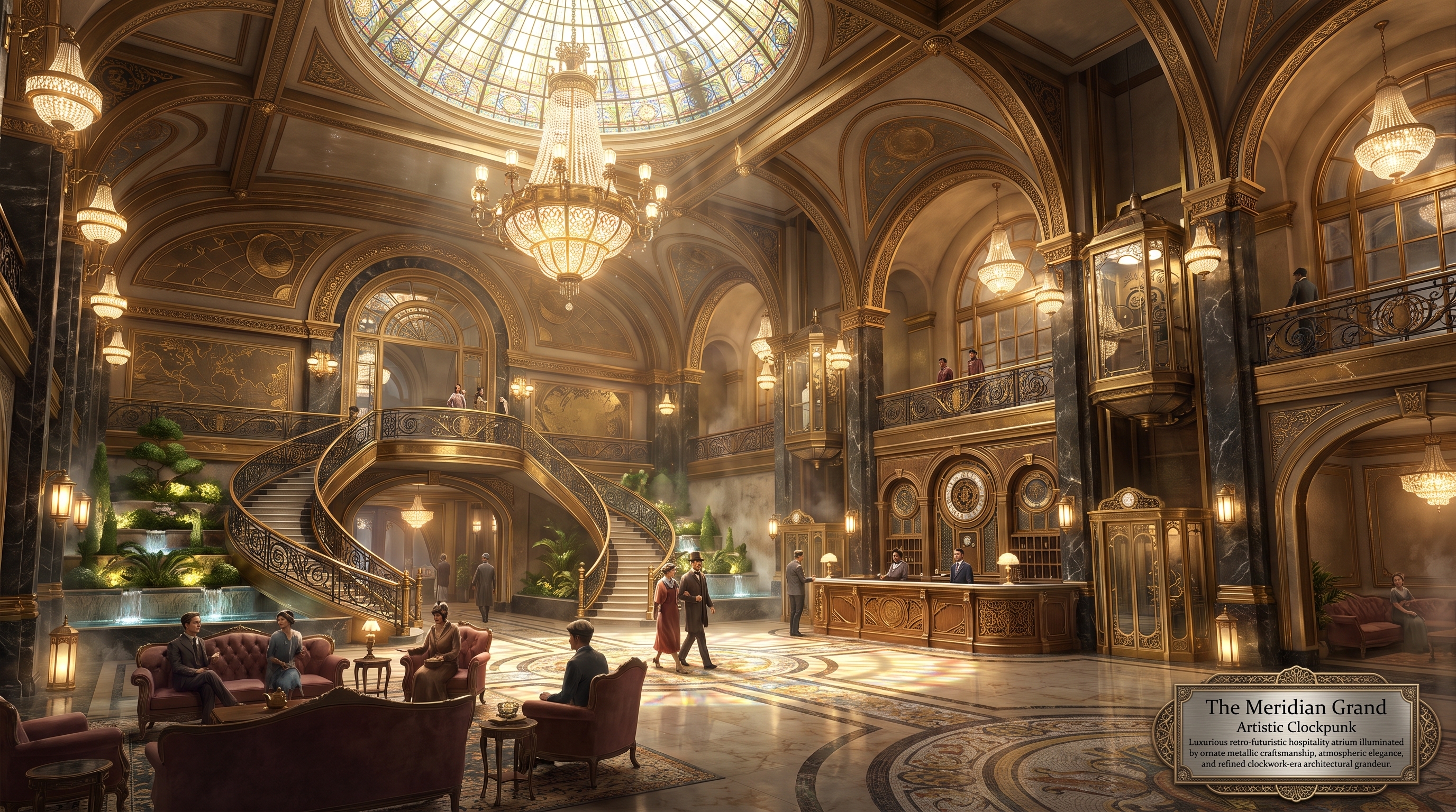 A luxury hotel lobby reimagined and rendered in an artistic