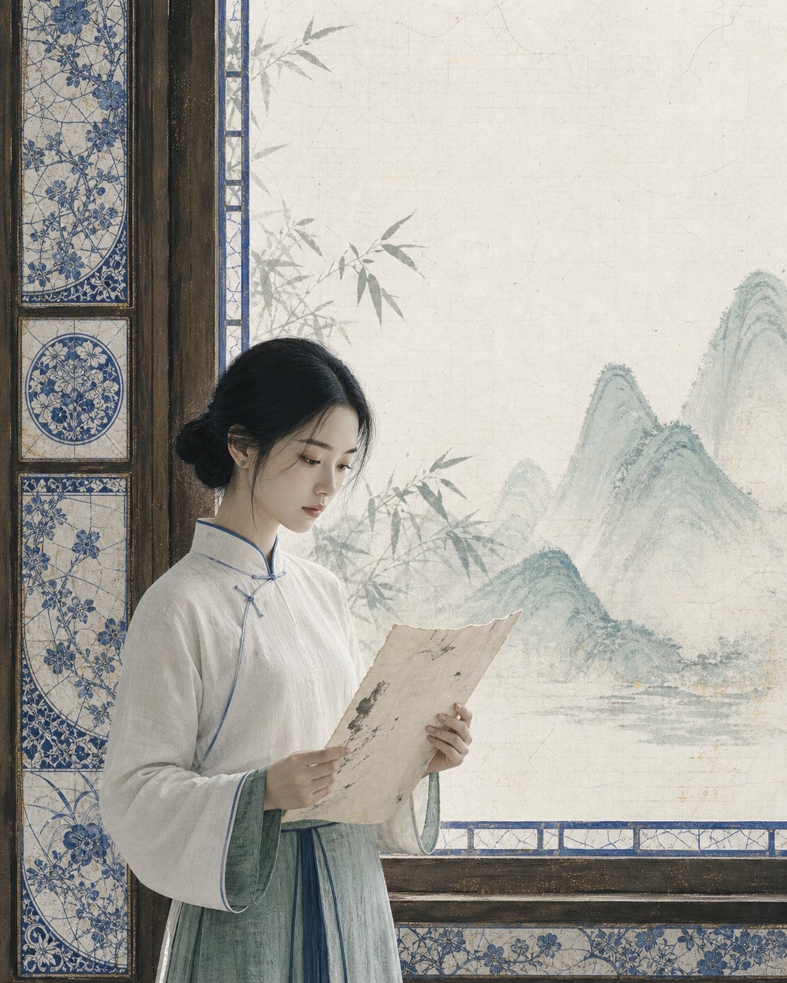 🌸她在窗边读一张旧纸,纸上的山水与窗外的远山没有边界。