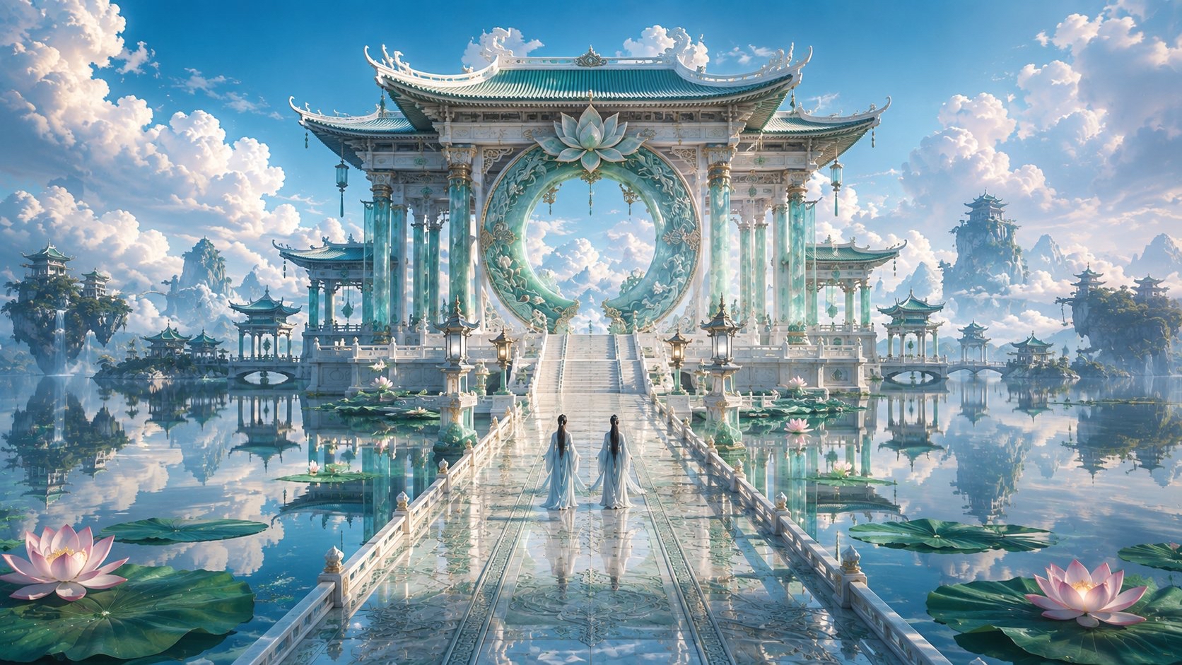 玉石天阶穿云海:五人背影登天门
