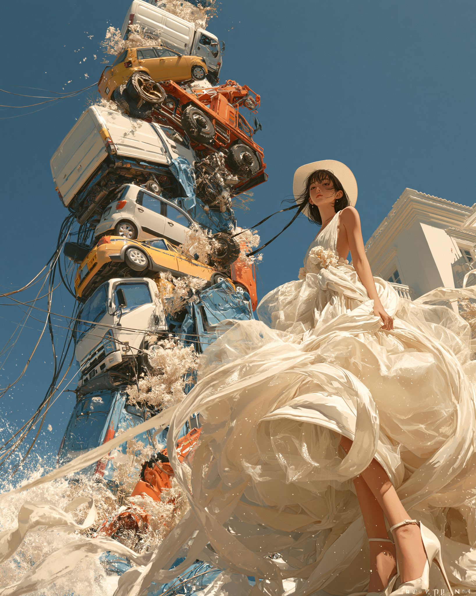 超现实废车塔：白裙少女的夏日对峙 - 图 3