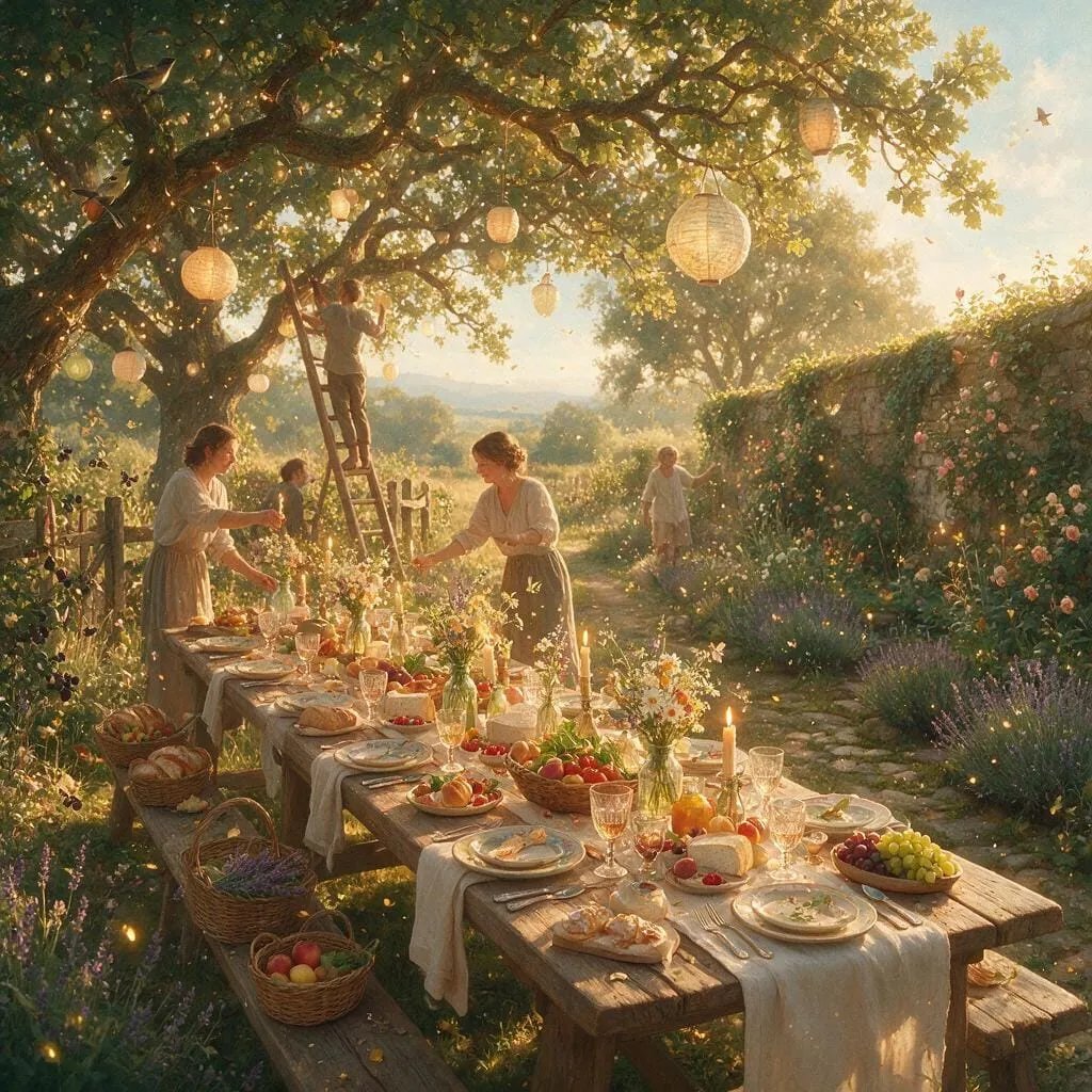 夏夜花园晚餐：水粉质感的温暖叙事 - 图 2