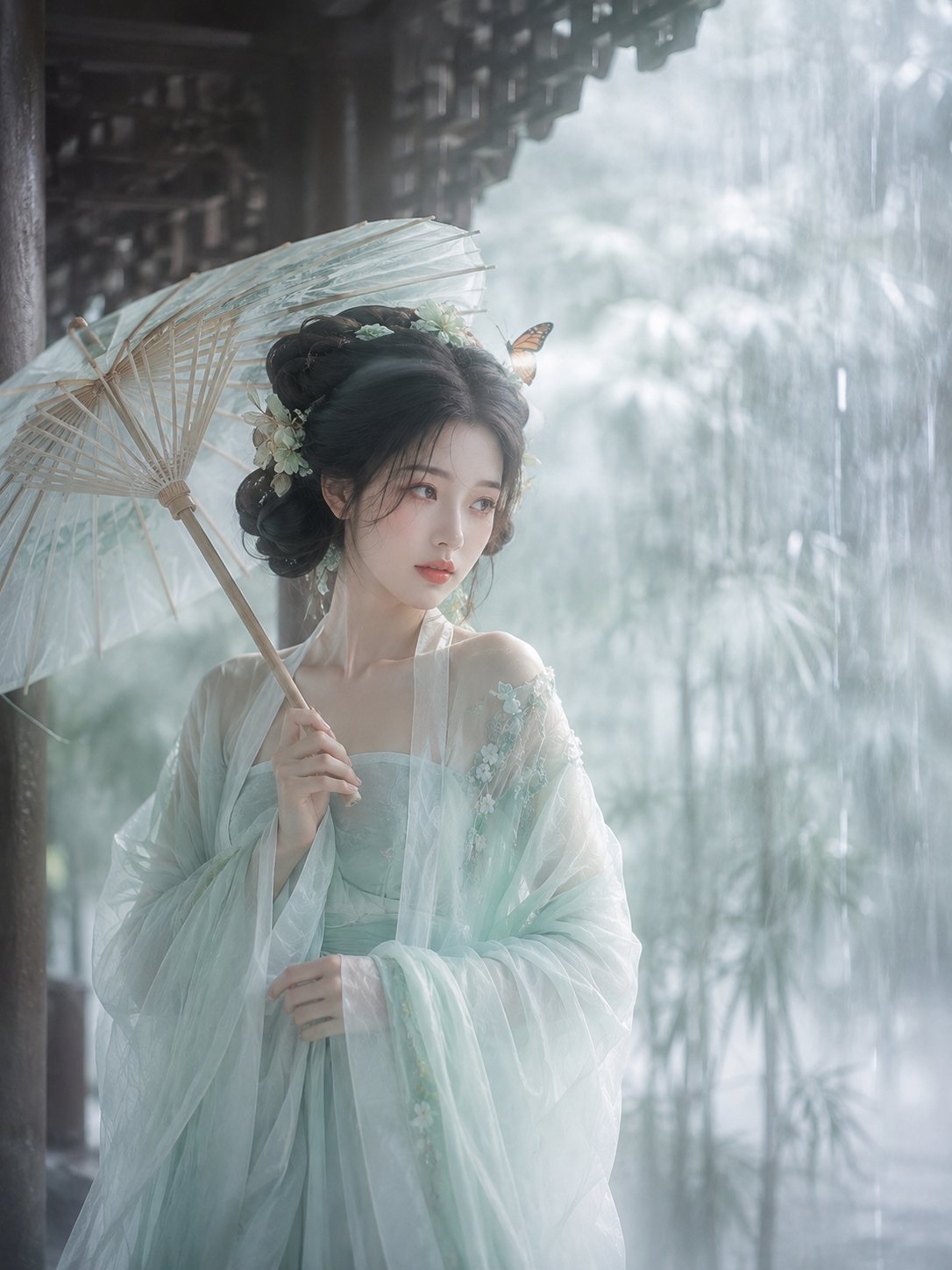 东方古典月窗:竹影书香蝶舞