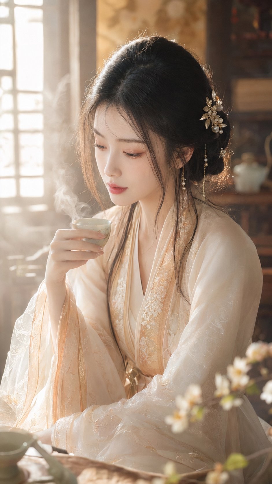 古风仙侠茶阁:晨间暖白柔光
