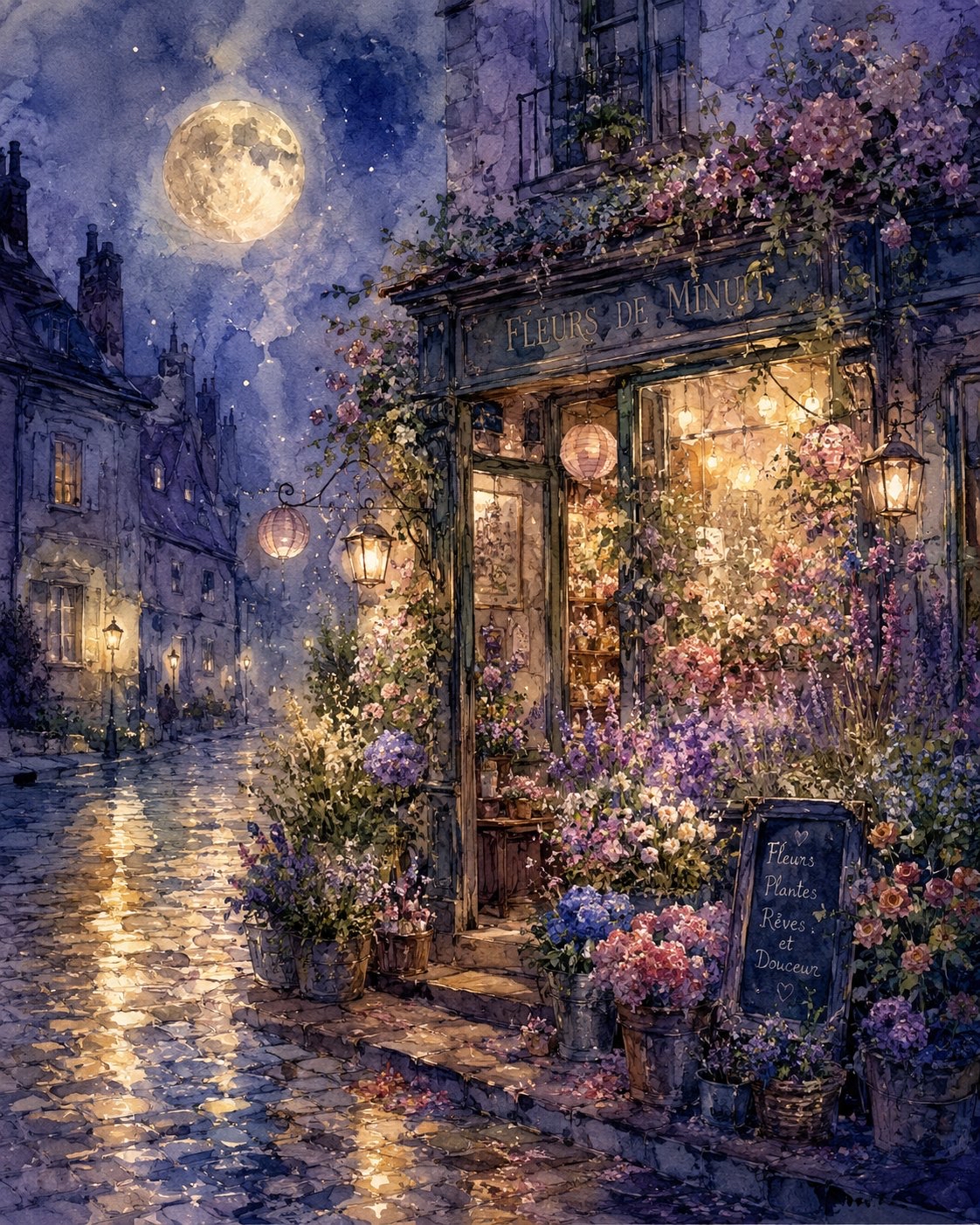 午夜花店 · 欧洲老街水彩插画