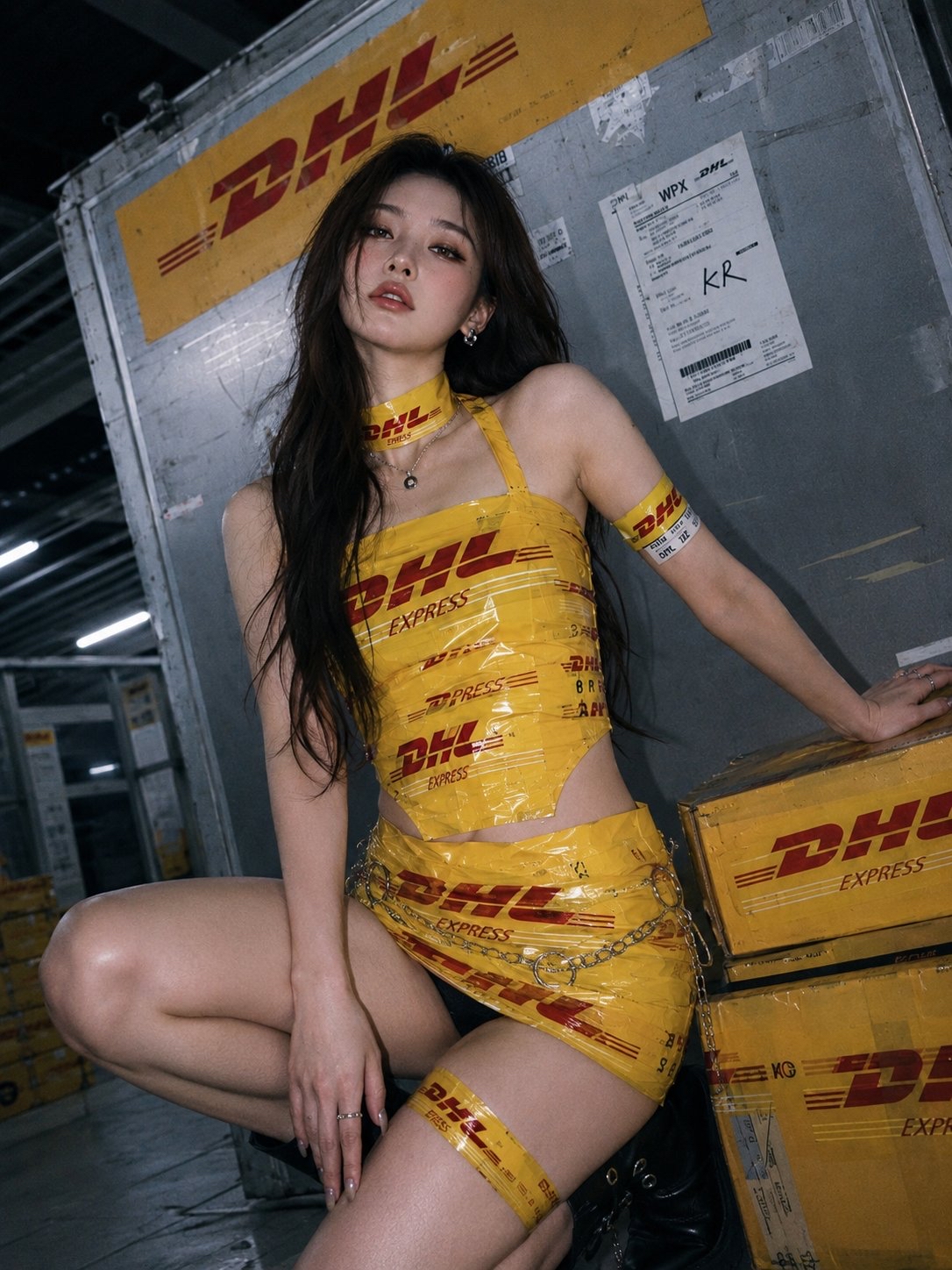 DHL胶带高定时装,Y2K创意时尚大片