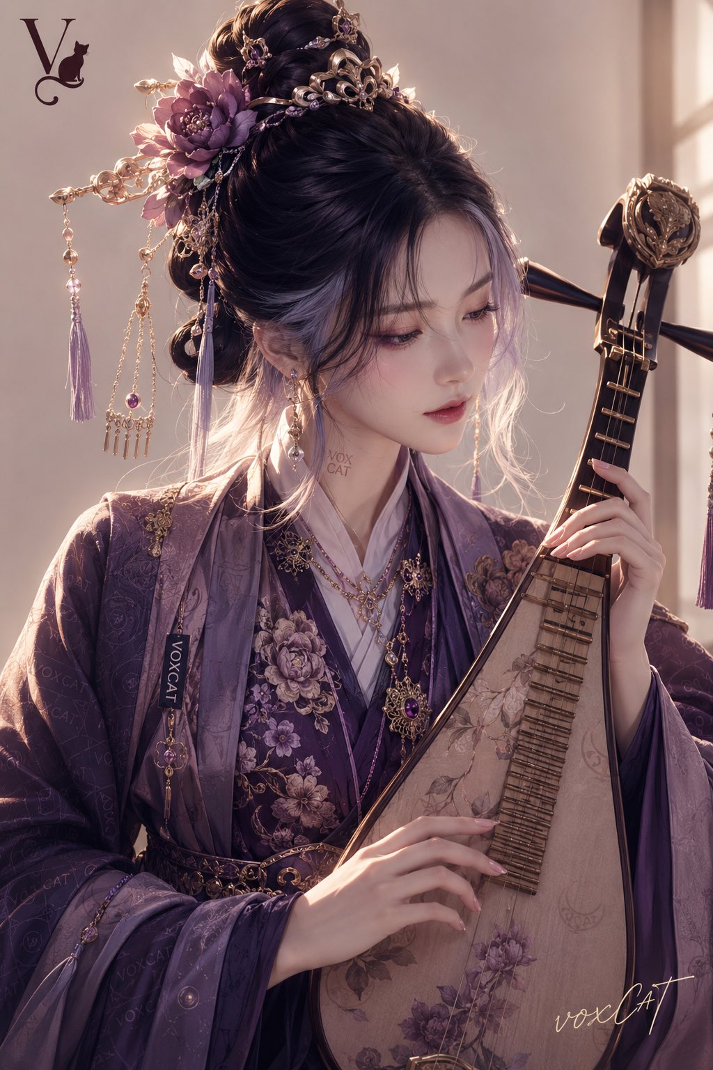 古风琵琶仕女 · 紫金色调杂志封面 - 图 2